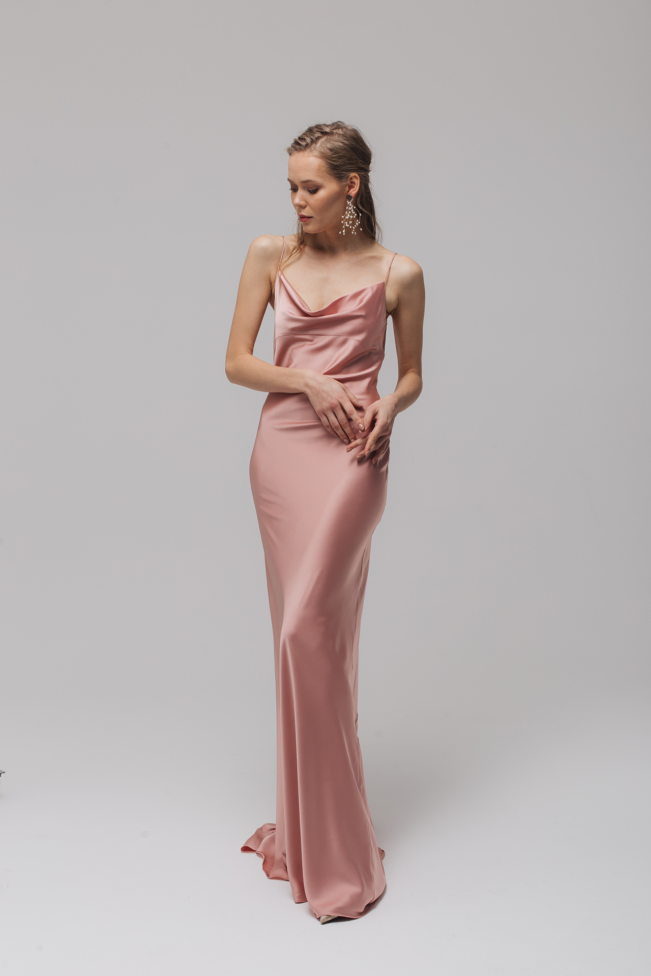 Cowl silk satin slip dress, Pink (rose gold) silk bridesmaid dress, Pink (rose gold) silk coktail dress, Silk wrap dress long, Florian 4