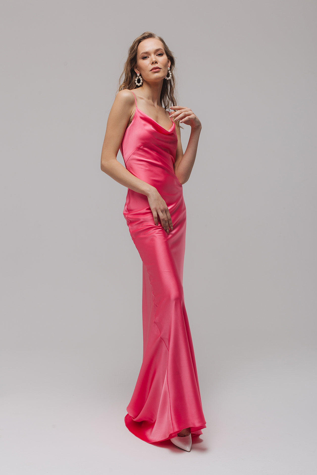 Cowl silk satin slip dress, Crimson(pink) silk bridesmaid dress, Crimson(pink) silk cocktail dress, Silk wrap dress long, Florian 6