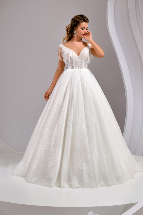 Beaded fringe a-line tulle wedding dress, Glitter ball gown wedding dress, White tulle gown, Sweetheart neckline lace wedding dress, Aurora 