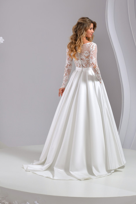 Chantilly lace wedding dress, Long sleeve lace bodice wedding dress, Bateau neckline wedding dress silk, Illusion lace wedding dress, Harper 